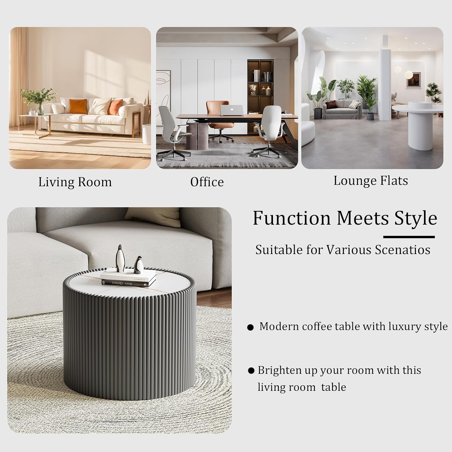 Round Coffee Table Set with Sintered Stone Tabletop, 29.52' Grey Drum Center Table and 17.71' Grey Coffee Table Set, 2 Pieces Living Room Table Set with Fluted PU Leather Cover& Stable Base