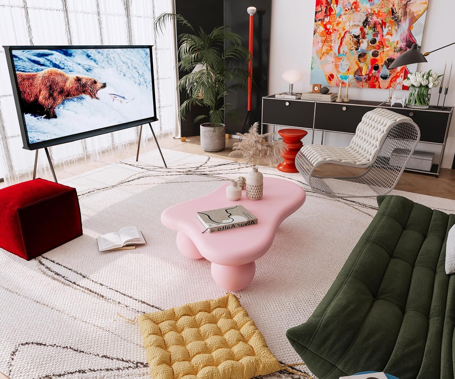 47' Cloud Coffee Table for Living Room Irregular Coffee Table Modern Unique Coffee Tables Cute Center Table with 3 Ball Legs for Small Space Apartment Cream Pink