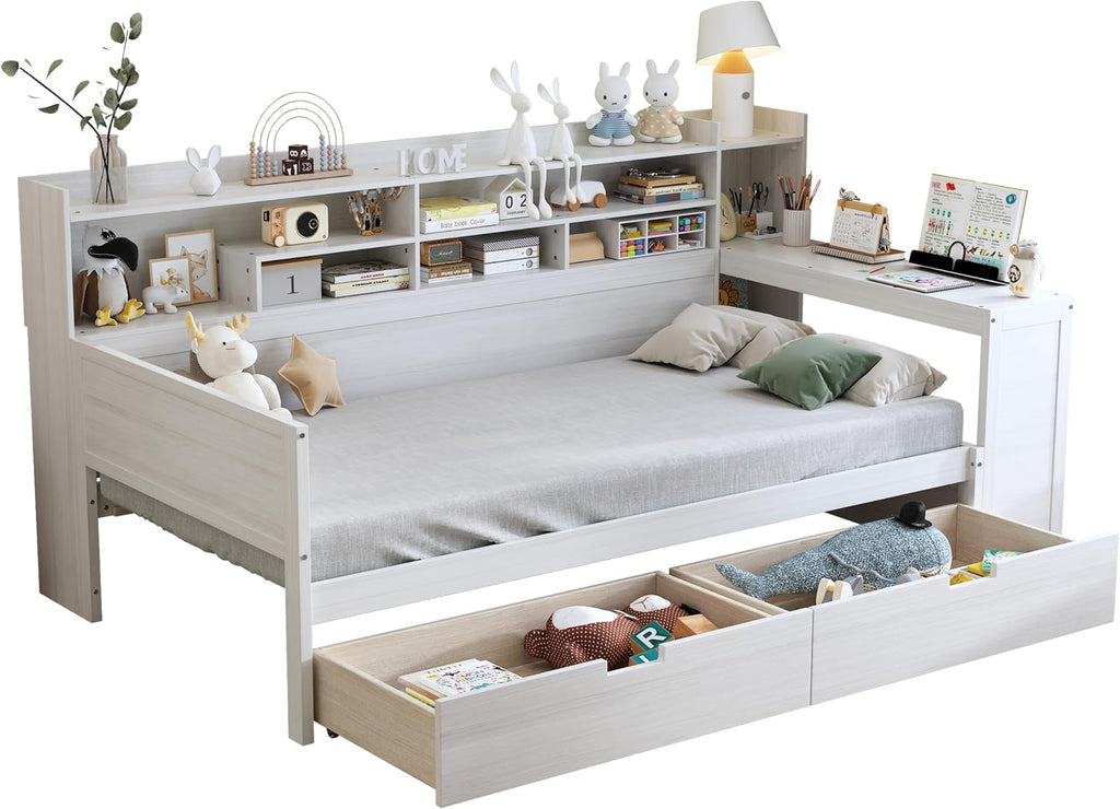 Twin Corner Bed Frame with Storage Shelves, L Shaped Bed with 2 Storage Drawers, Wooden Daybed with Study Desk, Corner Bed Frame Twin for Bedroom, for Kids and Teens, Antique White