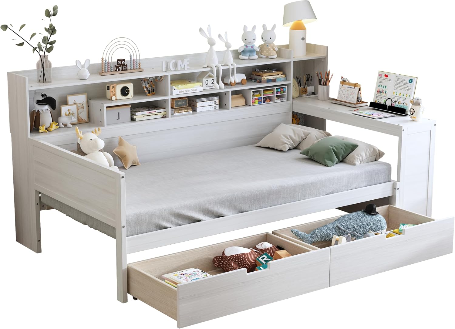 Twin Corner Bed Frame with Storage Shelves, L Shaped Bed with 2 Storage Drawers, Wooden Daybed with Study Desk, Corner Bed Frame Twin for Bedroom, for Kids and Teens, Antique White
