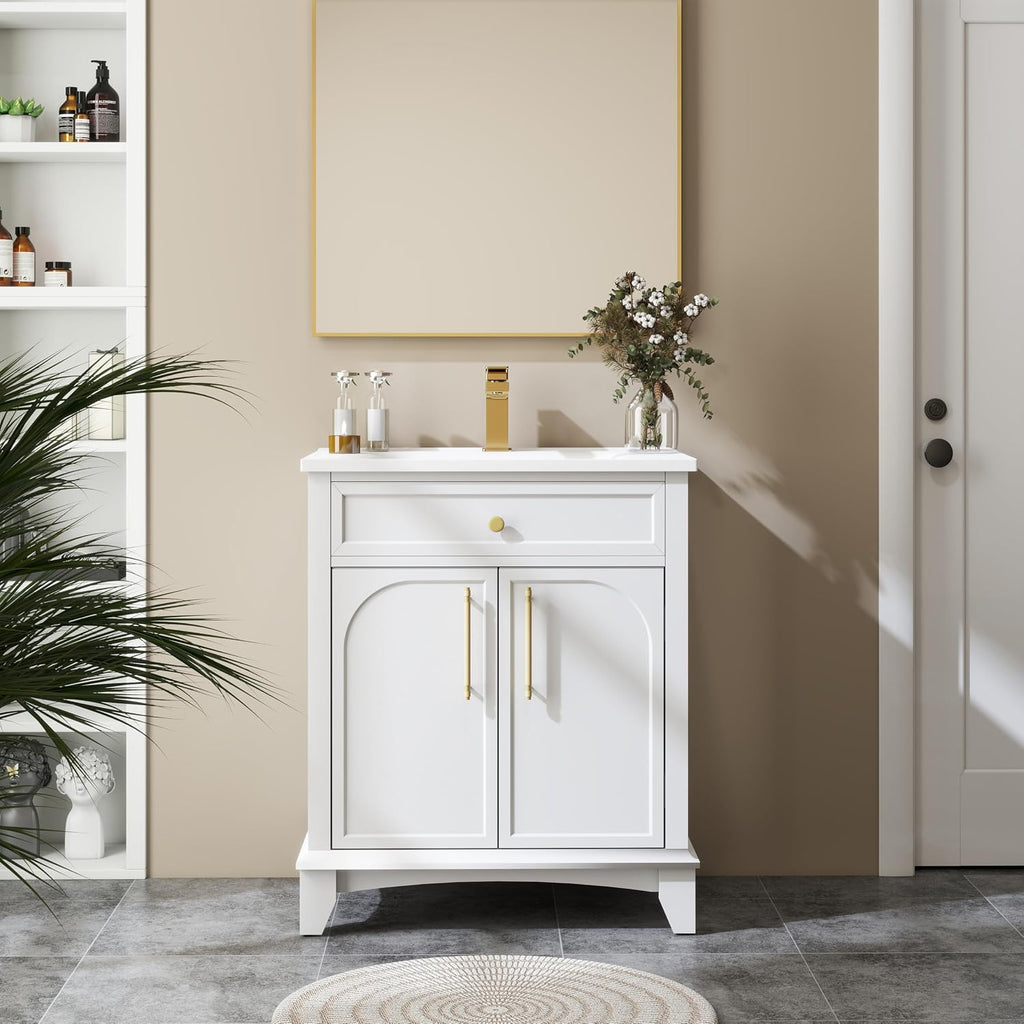 27.8' Bathroom Vanity Sink Combo, White | Integrated Ceramic Sink, Adjustable Shelves, Gold Metal Handles, Solid Wood Base, 19'Dx28.3'Wx34'H