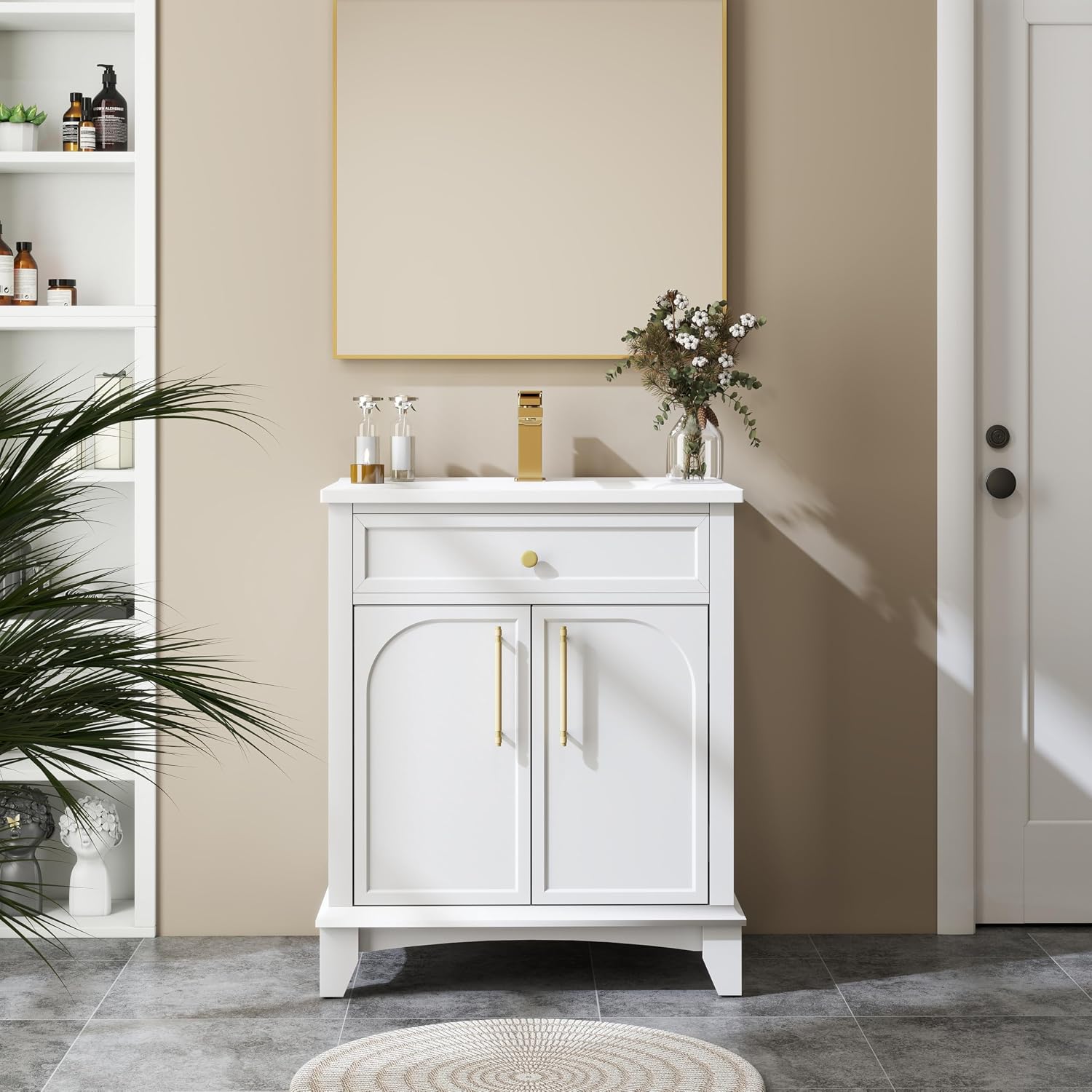 27.8' Bathroom Vanity Sink Combo, White | Integrated Ceramic Sink, Adjustable Shelves, Gold Metal Handles, Solid Wood Base, 19'Dx28.3'Wx34'H