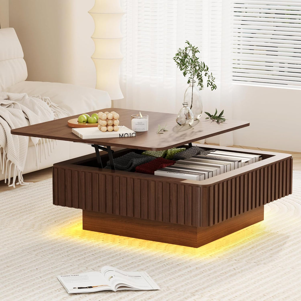 MAGIC UNION 35.4' Square Fluted Lift Top Coffee Table with Storage, Large Mid Century Modern Coffee Table with LED Lights & Charging Station, Center Table for Living Room, Home Office, Walnut