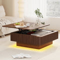 MAGIC UNION 35.4' Square Fluted Lift Top Coffee Table with Storage, Large Mid Century Modern Coffee Table with LED Lights & Charging Station, Center Table for Living Room, Home Office, Walnut
