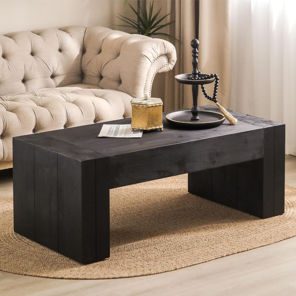 SSLine Rustic Wood Coffee Table Farmhouse 49.4' Rectangular Cocktail Center Table for Living Room Thicken Fir Wood Table Top (Black Wood Grain)