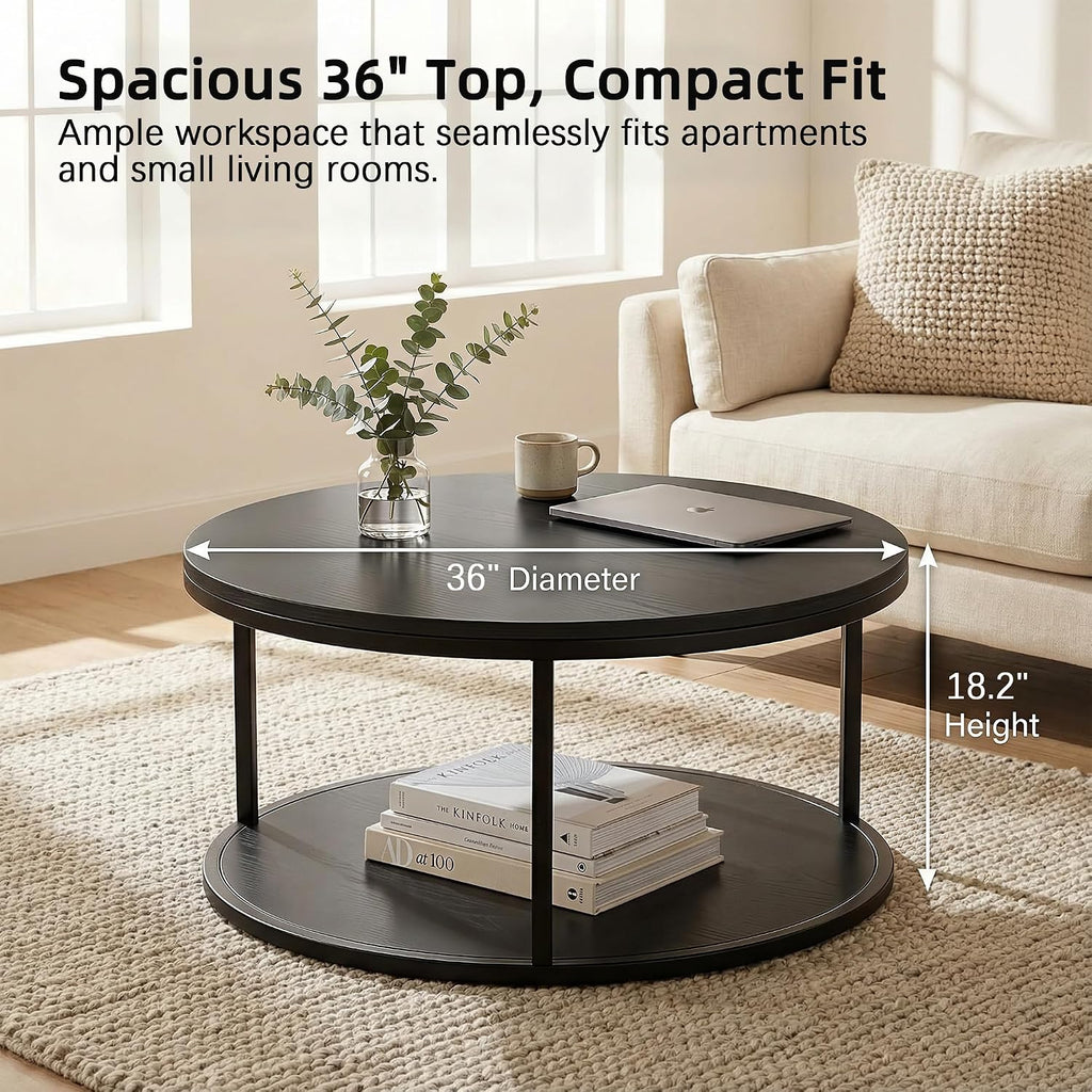 YESHOMY 36' Round Coffee Table, 2-Tier Wood Center Table with Storage Shelf, Heavy-Duty Metal Frame, Easy Assembly, Ideal for Living Room & Small Spaces, Black