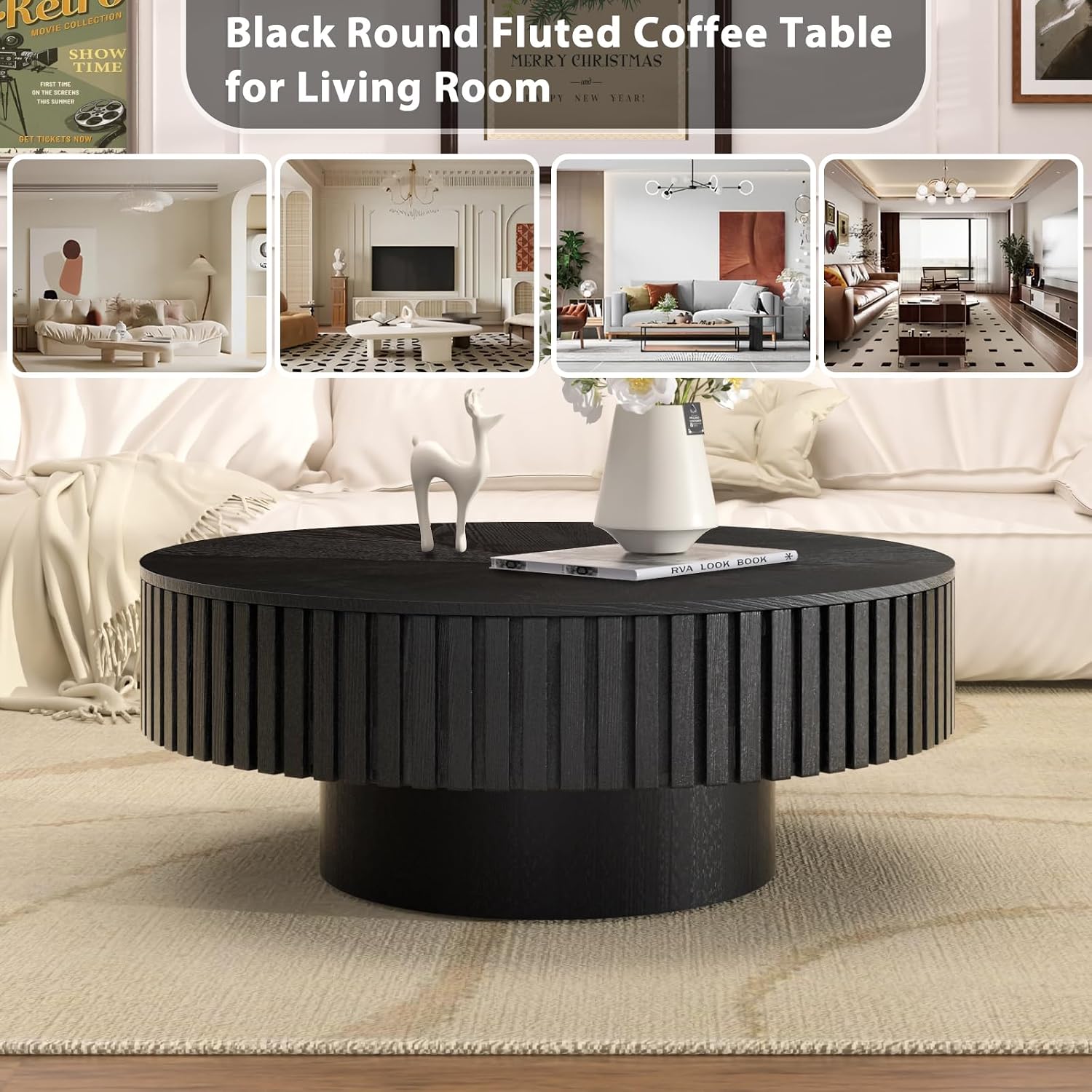 31.49'' Round Drum Coffee Table with Storage Space, Modern Wood Circle Fluted Coffee Tables Handcrafted Fluted Center Table for Living Room Apartment, Easy Assembly