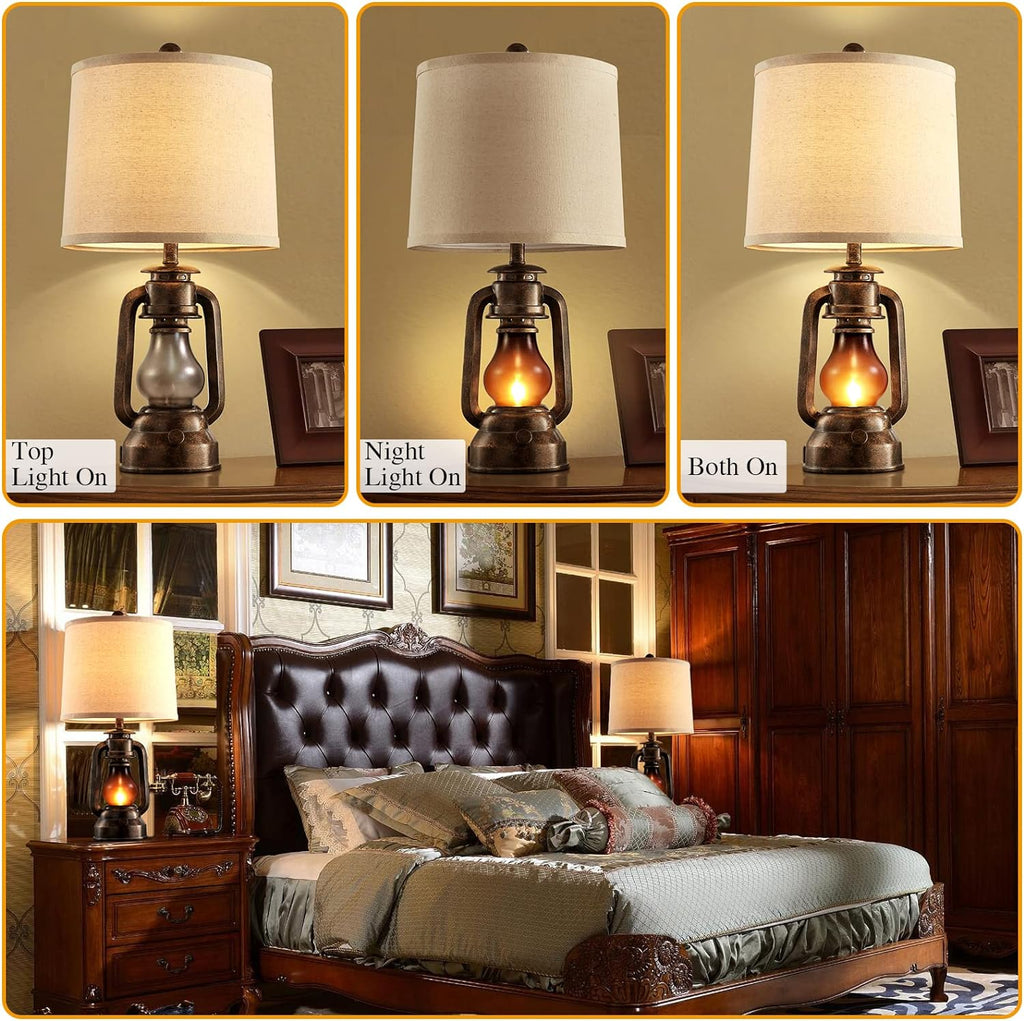 Farmhouse Lantern Table Lamps for Living Room Set of 2, Vintage Bedroom Resin Lamp with Dual USB Charging Ports, Rustic Retro Bedside Nightstand Desk Lamp, 4 Bulb Included