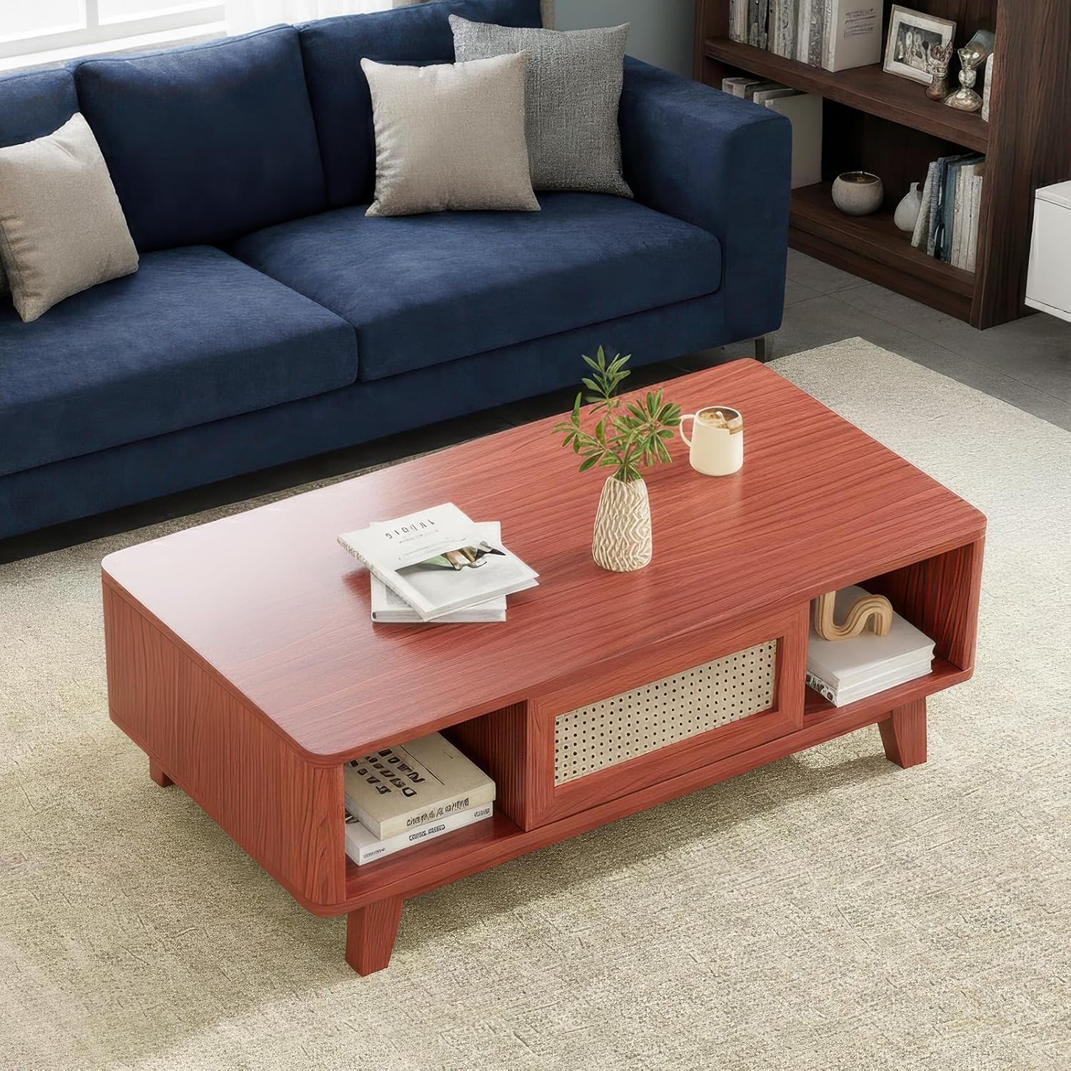 Farini Mid Century Modern Square Coffee Table with Rattan Drawer and Solid Wood Legs, Storage Living Room Table for Home,Office,Cherry