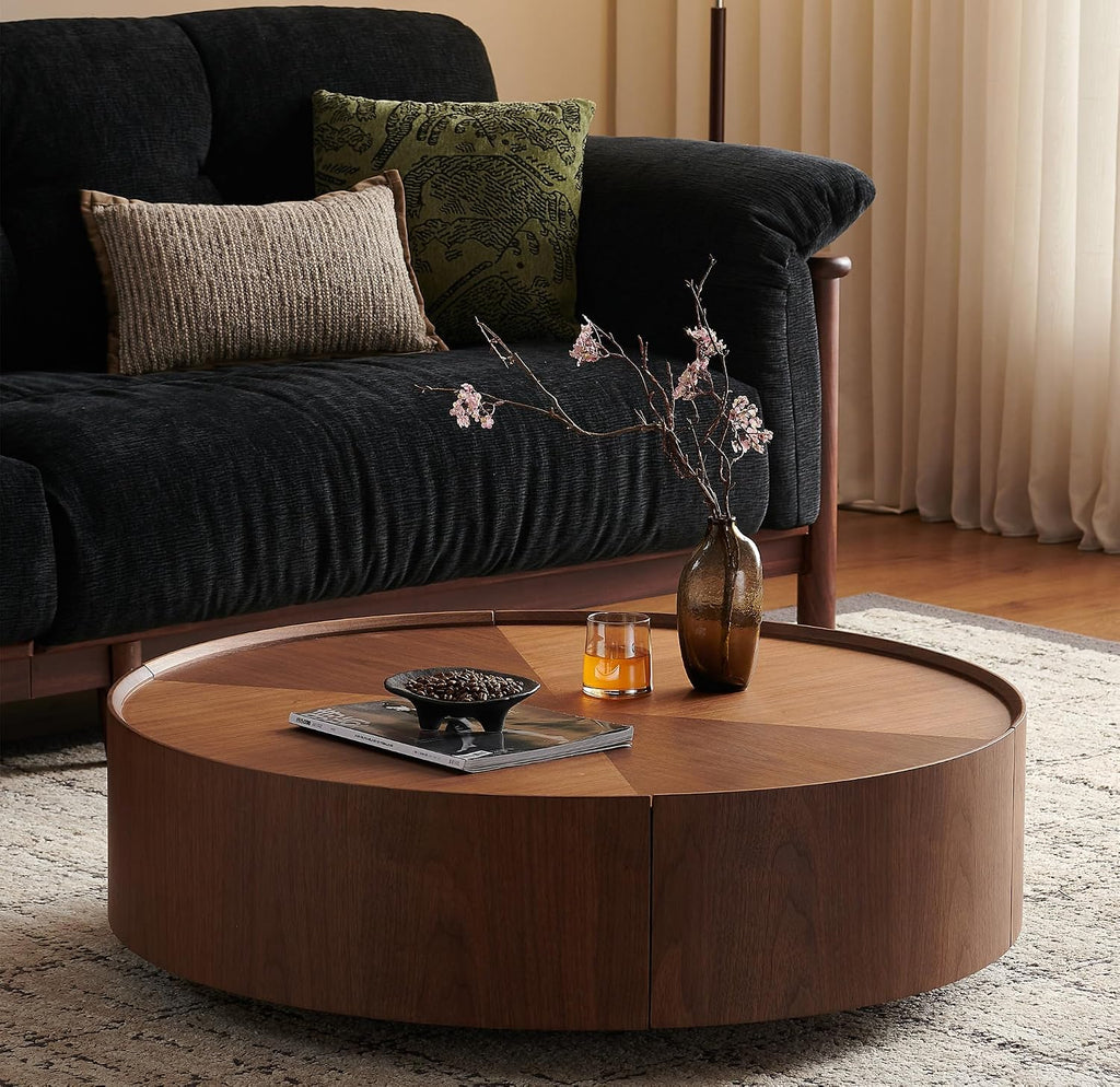 SSLine 39.4-Inch Round Coffee Table with Storage Drawers,Fully Assembled Wooden Coffee Table with Solid Wood Veneered Mid-Century Modern Cocktail Center Tables for Living Room Office Apartment,Walnut