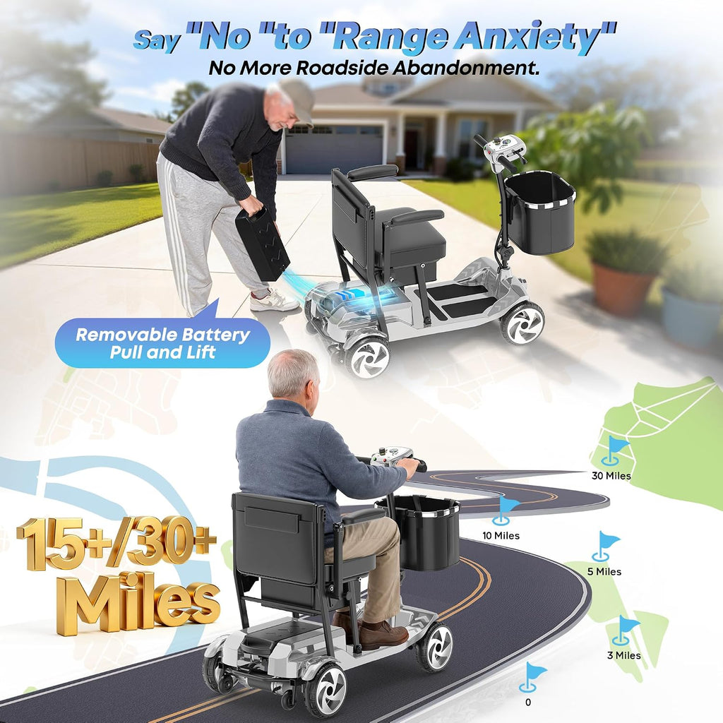 Mobility Scooters, Lightweight Electric Scooters for Seniors&Adults | 49lb Aluminum Frame with Removable Battery, Foldable Motorized Scooters for Trips, Shopping, Daily Use, Bright Silver, 10 Ah