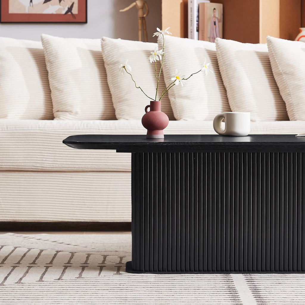 Coffee Table, Modern Wooden Coffee Table Rectangle Center Table with Solid Wood Veneered, Black