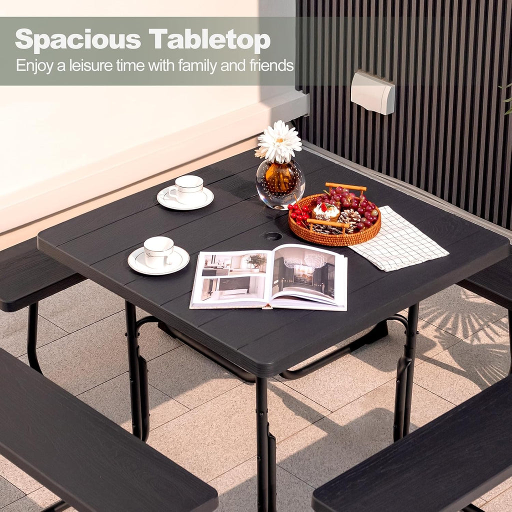 Tangkula 8 Person Picnic Table, Outdoor Square Picnic Table with 4 Built-in Benches, Umbrella Hole, Metal Frame & HDPE Tabletop, Outside Table and Bench Set for Backyard, 2300lbs Weight Capacity