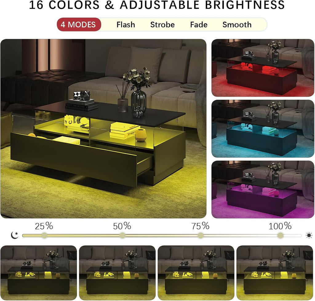 HedoAjim Rectangular Coffee Tables with Storages, Modern Black Coffee Table for Living Room, Rectangular Coffee Tables and 2 Spacious Drawers, Coffee Table with LED Light