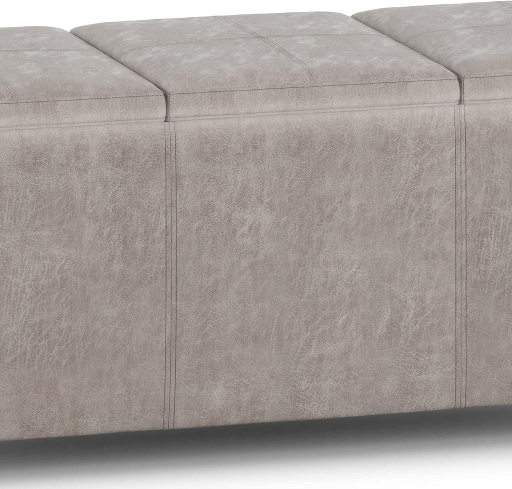 SIMPLIHOME Avalon Storage Ottoman - 42 inch Wide Upholstered Vegan Leather Rectangular Flip-Top Ottoman in Distressed Grey Taupe, Contemporary Coffee Table Ottoman for Living Room with Hidden Storage