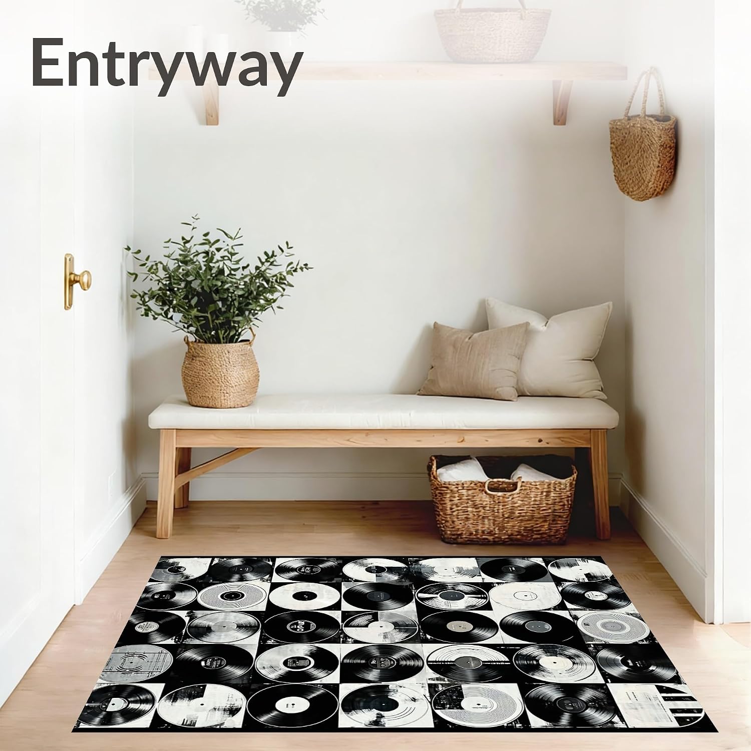 Flatwoven High Traffic Area Rug 5x7, Vinyl Record Inspired with Classic Rock Band Graphics, Non Slip, Stain Resistant, Washable Area Rugs for Living Room, Bedroom (Black, 5x7)