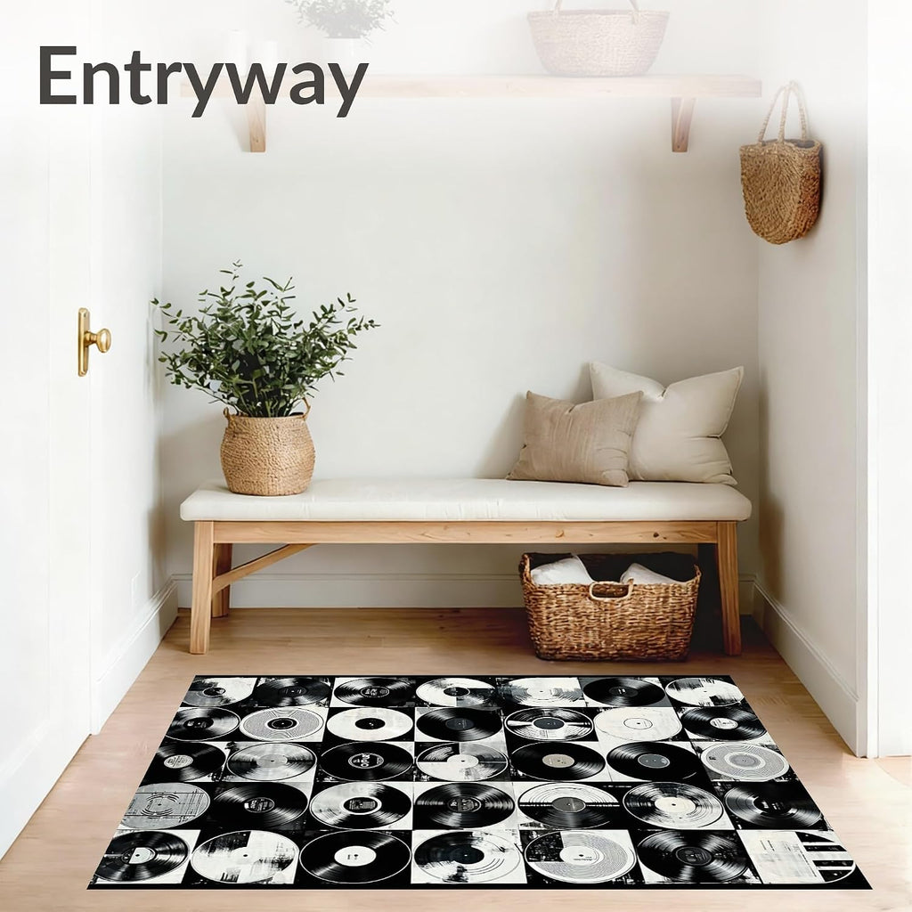 Flatwoven High Traffic Area Rug 6x9, Vinyl Record Inspired with Classic Rock Band Graphics, Non Slip, Stain Resistant, Washable Area Rugs for Living Room, Bedroom (Black, 6x9)