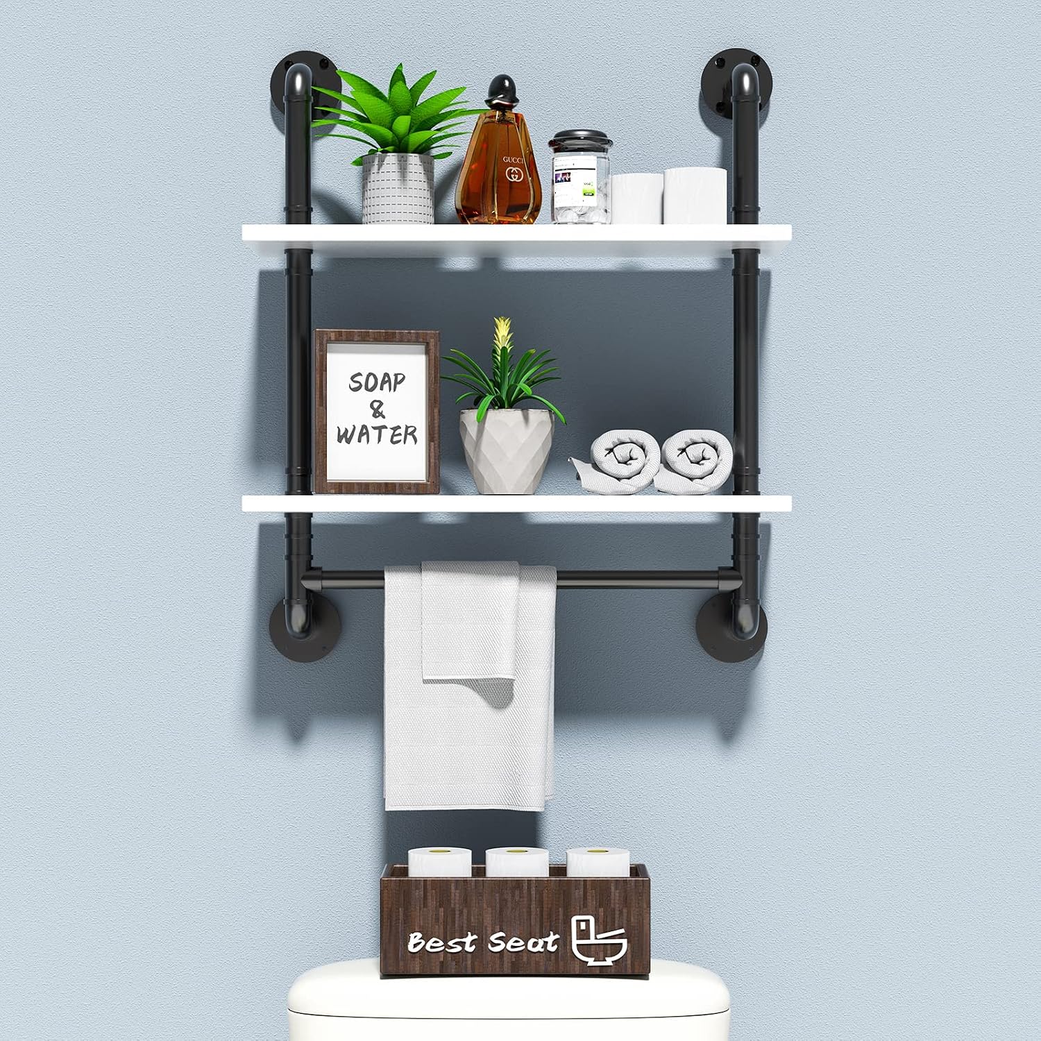 24in Industrial Pipe Shelving Bathroom 2 Tier Shelves with Towel Bar Retro White Rustic Farmhouse Pipe Industrial Wall Shelves Over Toilet for Storage