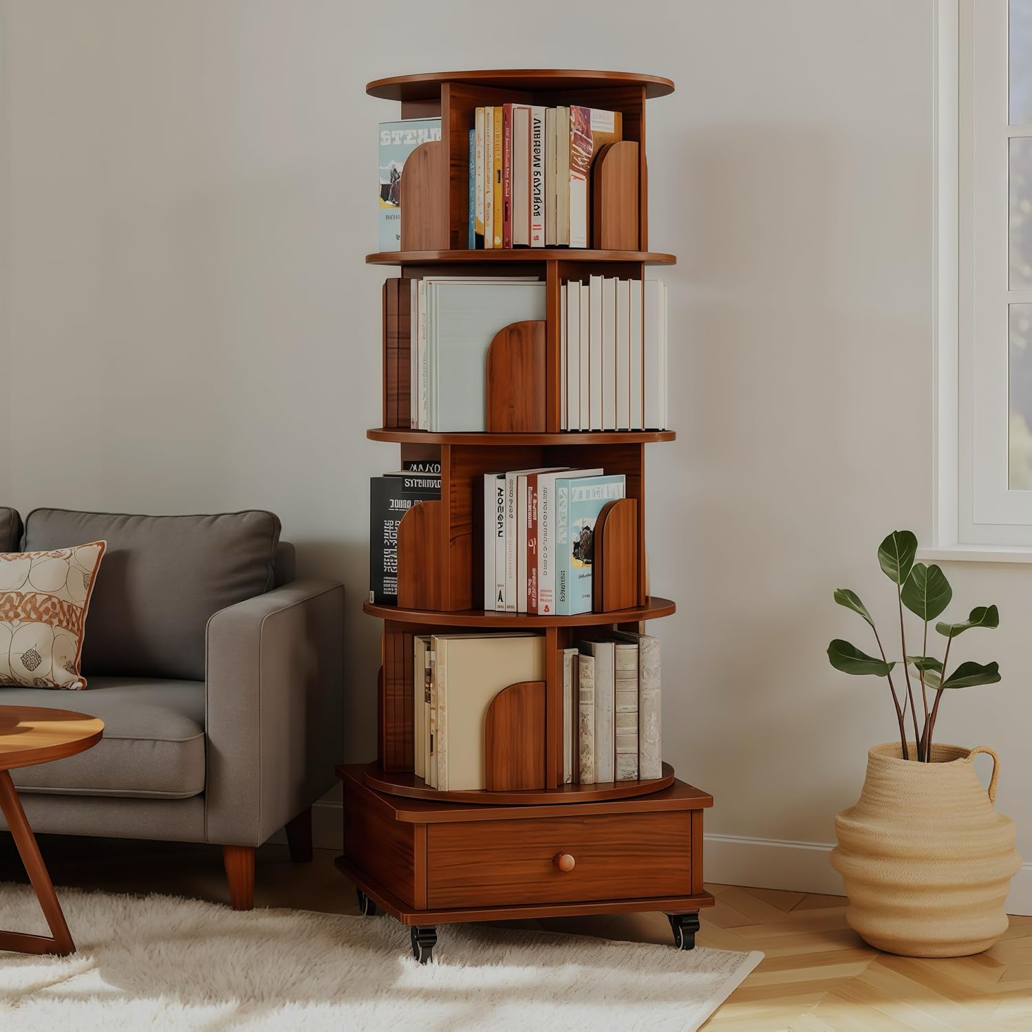 KEIKI 5 Tie Rotating Bookshelf with Drawers On Wheel, Corner Bookcase Display Shelf for Small Space, 360 Display Corner Bookshelf for Bedroom, Living Room, Study Room, Walnut Brown