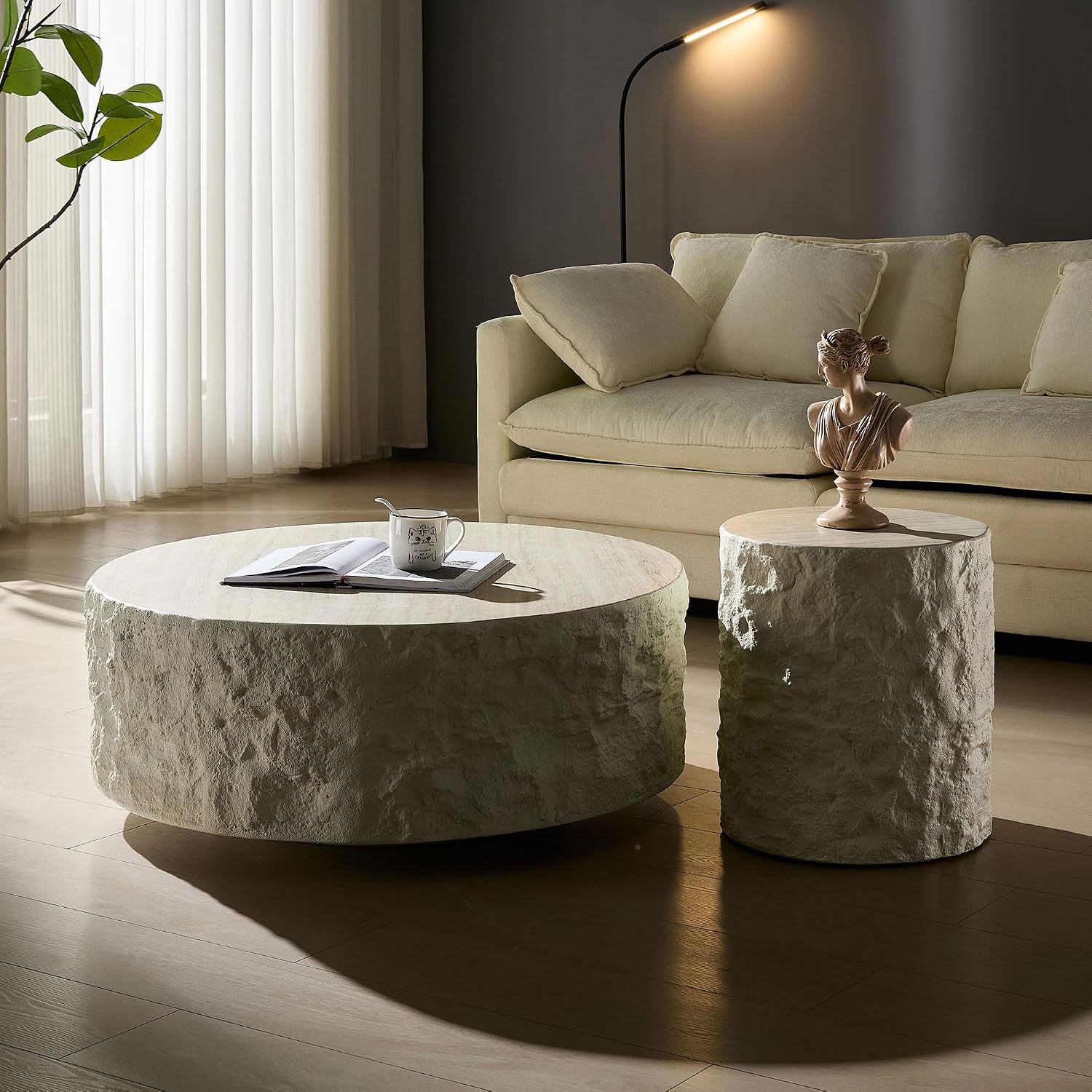WILLIAMSPACE Round Faux Stone Coffee Table Set of 2 for Living Room, Modern Circle Drum Travertine Center Table Side Tables with Cement Stone Pattern, No Need Assembly, Fiberglass (35.4'' &15.75'')