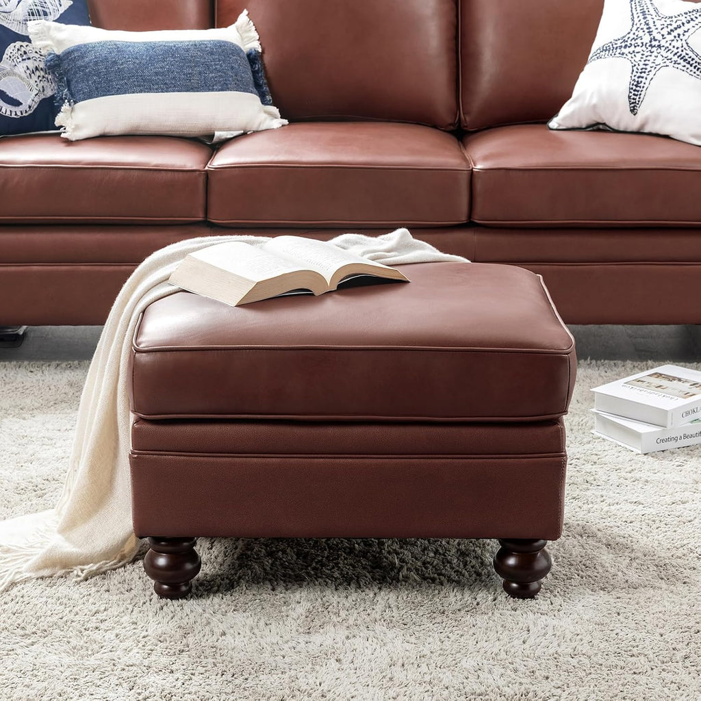 HULALA HOME Genuine Leather Ottoman Coffee Table, Ottoman Foot Rest for Living Room, Brown