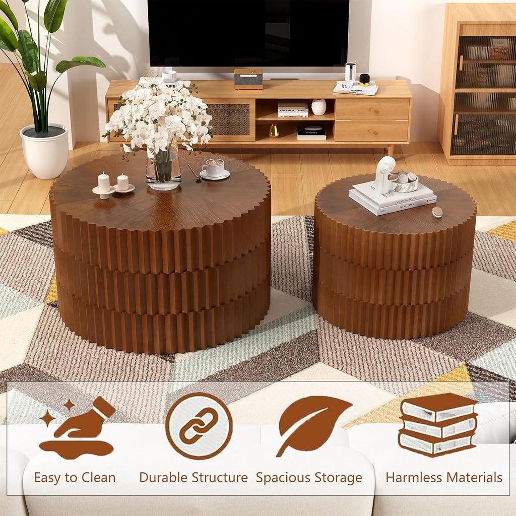 Round Wood Coffee Table Set of 2 Modern Circle Nesting Coffee Table Handcrafted Drum Nesting Table Nesting Coffee Tables for Living Room for Small Space (Walnut (D26.77+D19.68 inch))