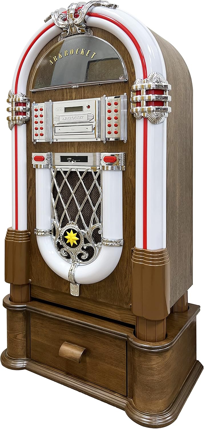 Arkrocket Full Size Jukebox Vinyl Record Player Bluetooth USB SD CD Player Radio Retro Turntable Classic Jukebox (Taurus II + Stand - Oak)