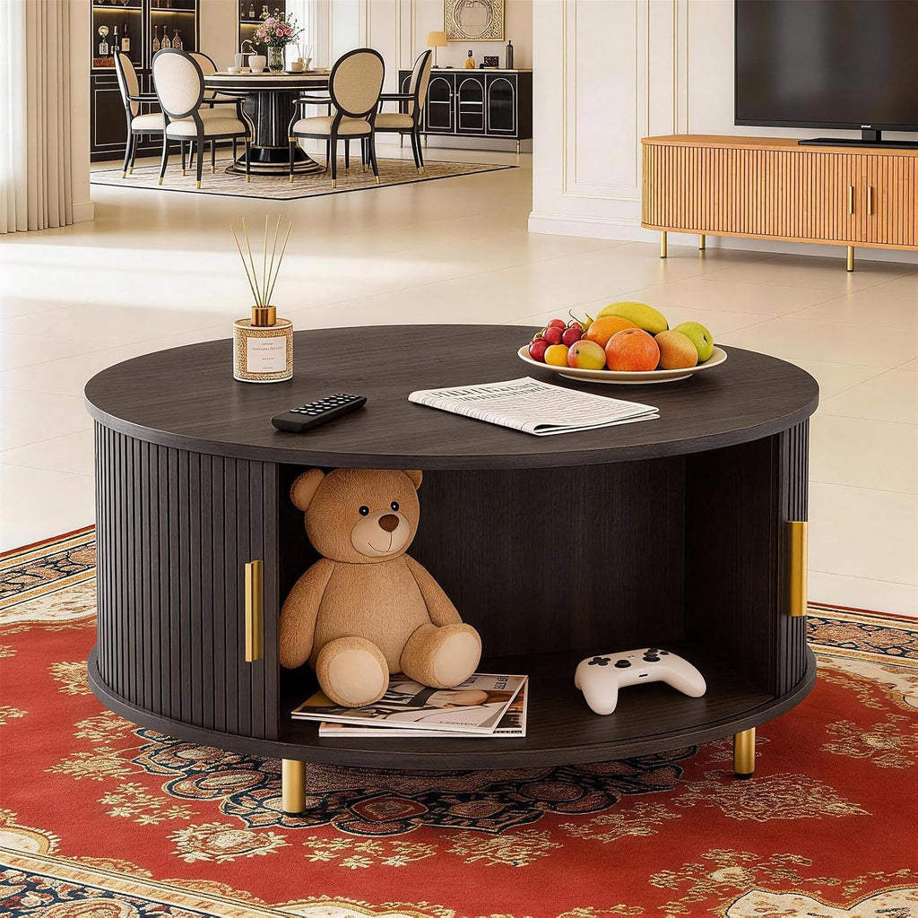 DHH Round Coffee Table, 31.5' Mid Century Modern Coffee Table with 360° Sliding Tambour Door, Fluted Accent Coffee Table with Storage Adjustable Footpads for Living Room (Dark Walnut)