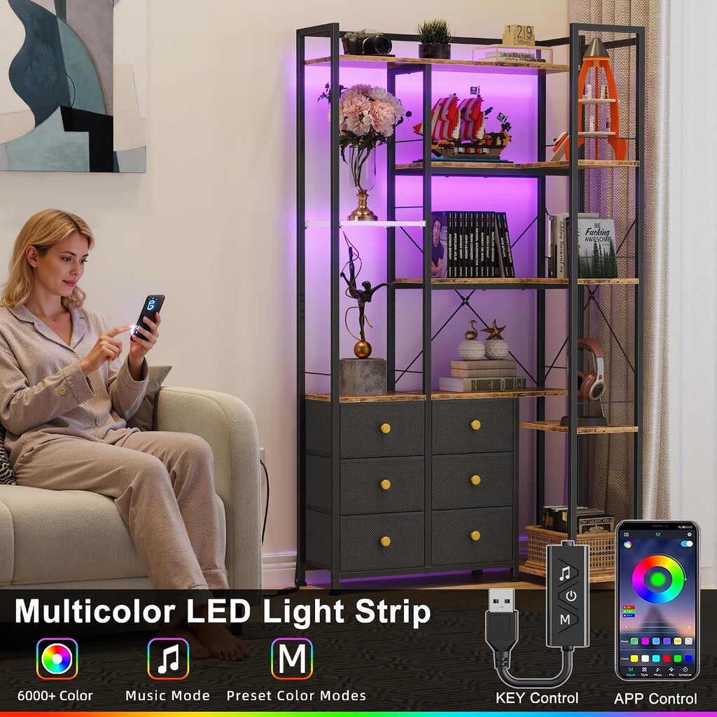 AFLUI Corner Bookshelf with LED Lights & 6 Fabric Drawers, 5-Tier Industrial L-Shaped Bookcase with Acrylic Display Shelf for Living Room, Office