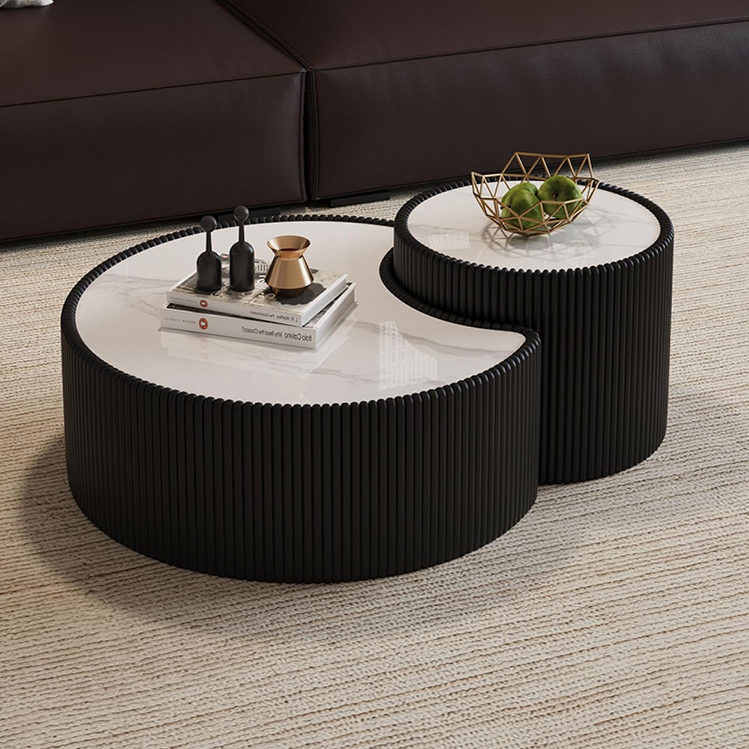 Black Round Coffee Table with Sintered Stone Tabletop, 29.53' Drum Coffee Table with Fluted PU Leather Covered and Stable Base, Circle Cocktail Tea Table for Living Room