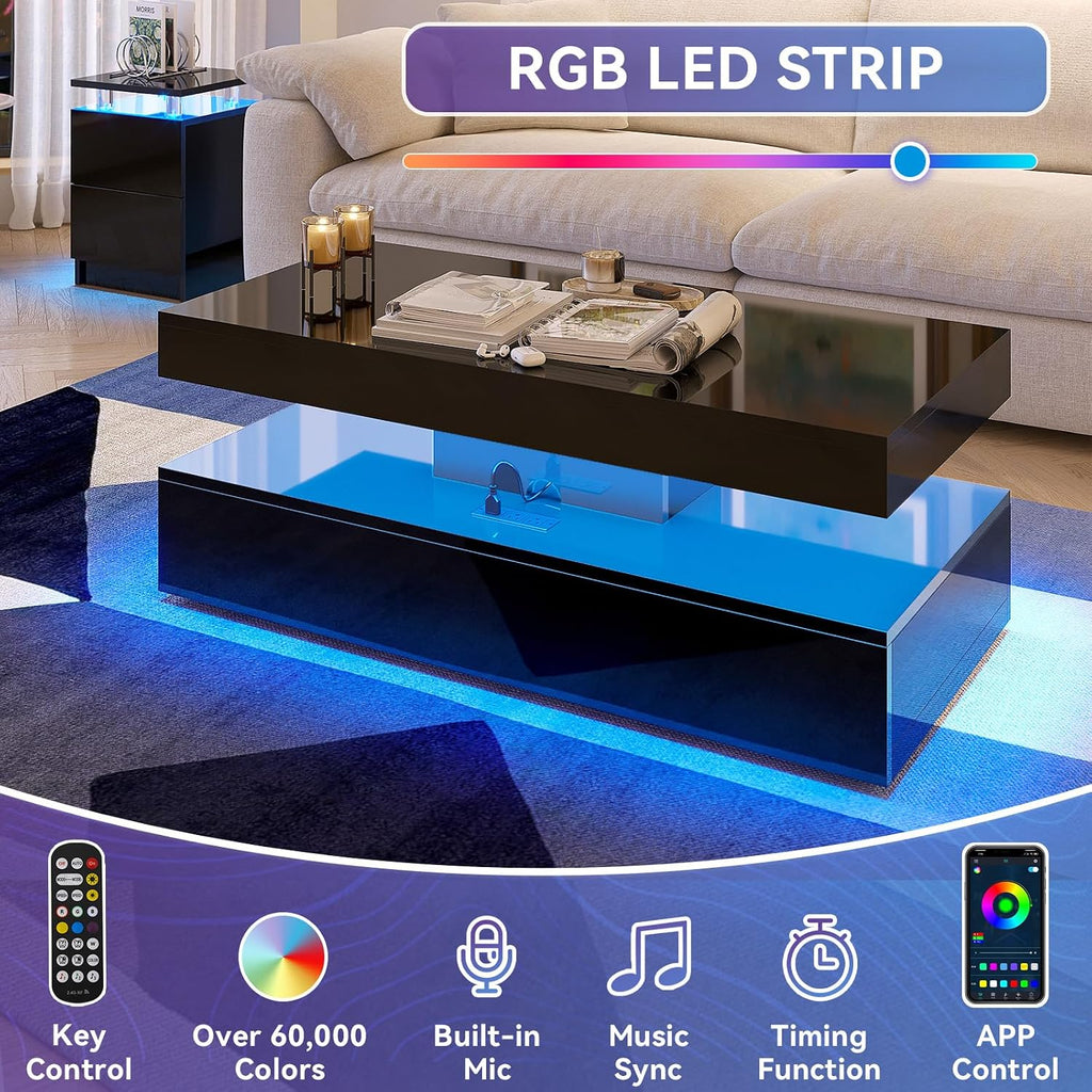 3-Piece Modern Living Room Table Set, Includes LED Coffee Table and End Tables Set of 2 with Storage Drawers, Black