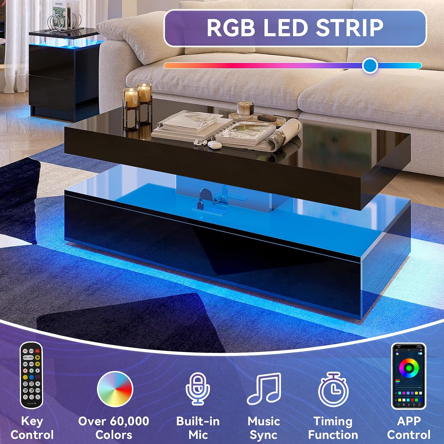 3-Piece Modern Living Room Table Set, Includes LED Coffee Table and End Tables Set of 2 with Storage Drawers, Black