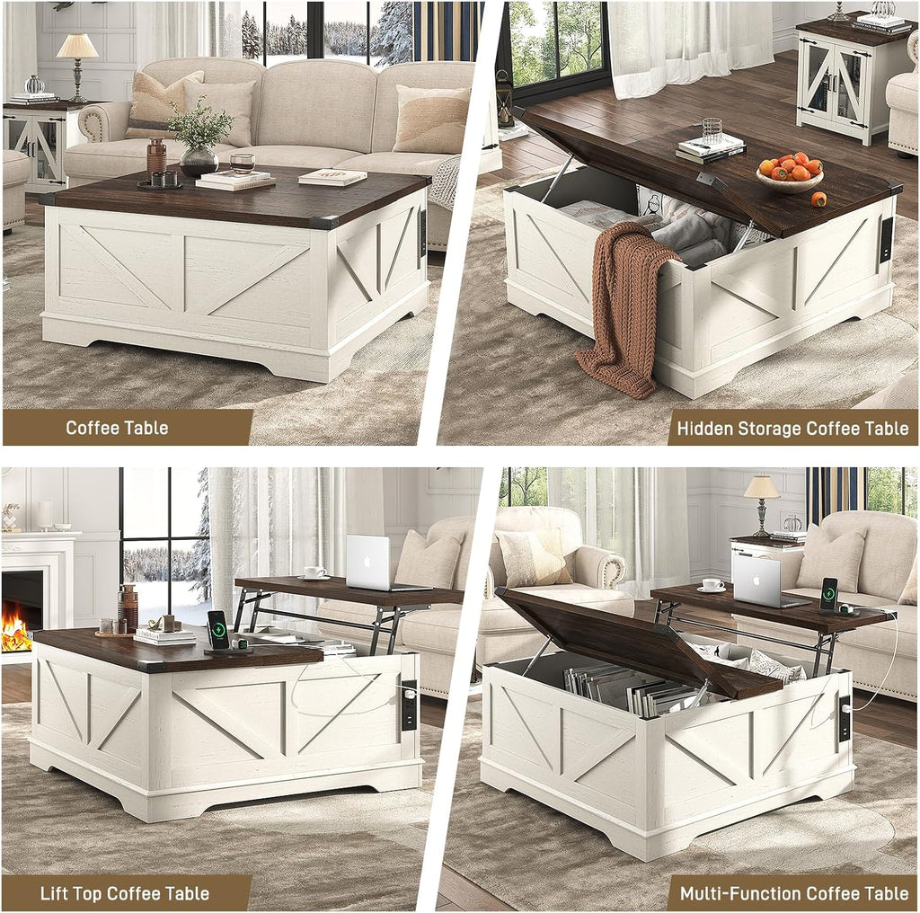 Hlivelood 40' Large Farmhouse Lift Top Coffee Table with Power Outlets and Large Hidden Storage, Square Wood Living Room Tables, Multi-Function Lift Wooden Barn Door Center Table, Rustic White