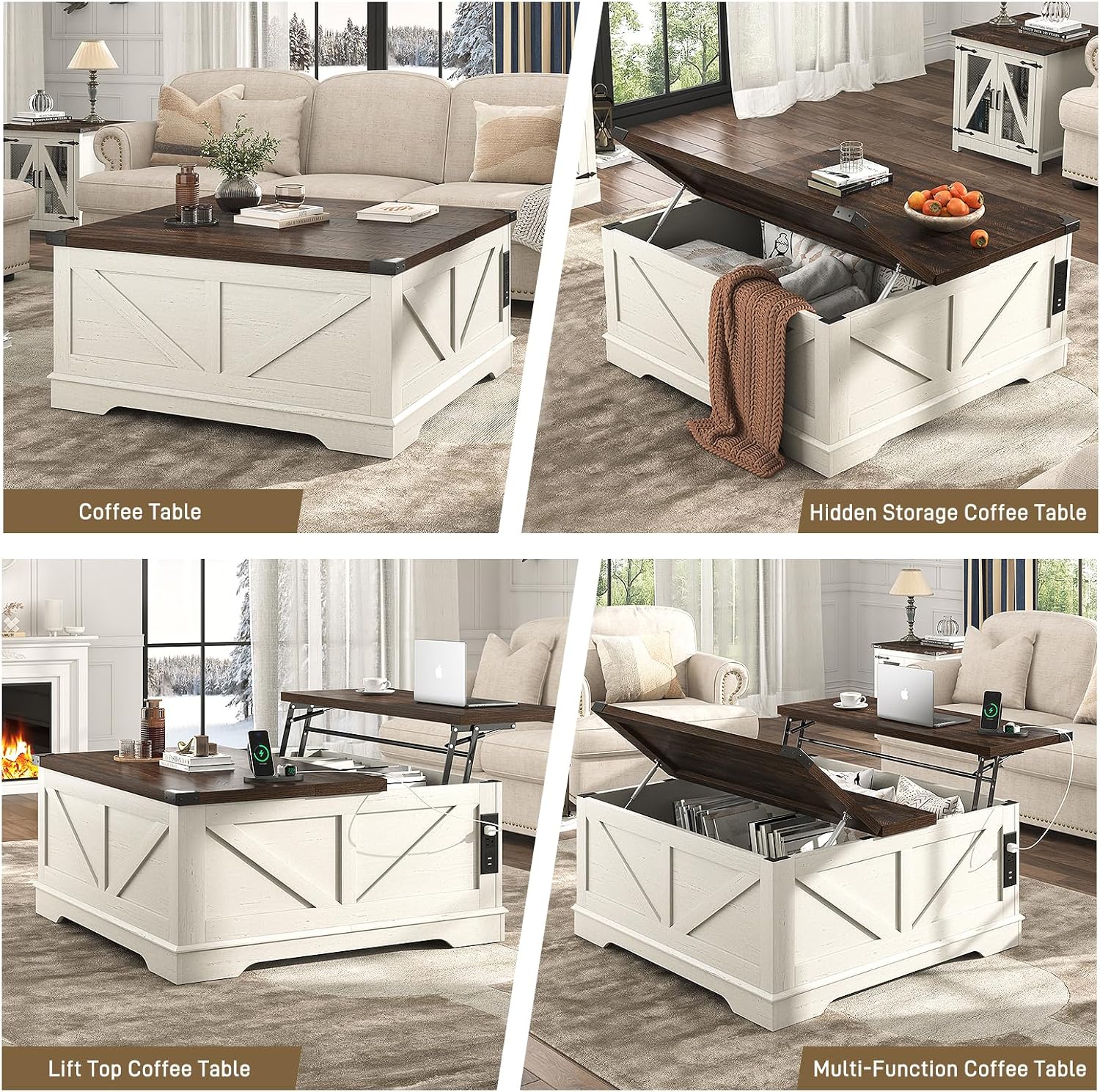 Hlivelood 40' Large Farmhouse Lift Top Coffee Table with Power Outlets and Large Hidden Storage, Square Wood Living Room Tables, Multi-Function Lift Wooden Barn Door Center Table, Rustic White