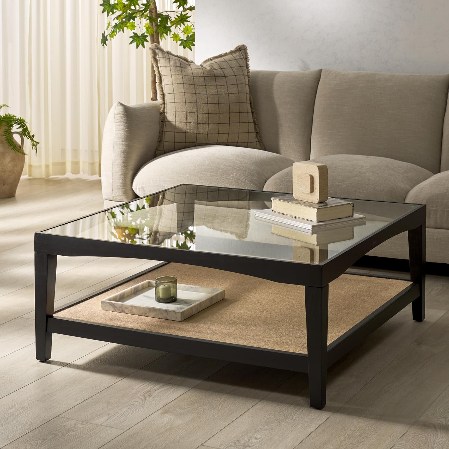 SAFAVIEH Couture Collection Nicolella Black Square Glass & Linen Coffee Table