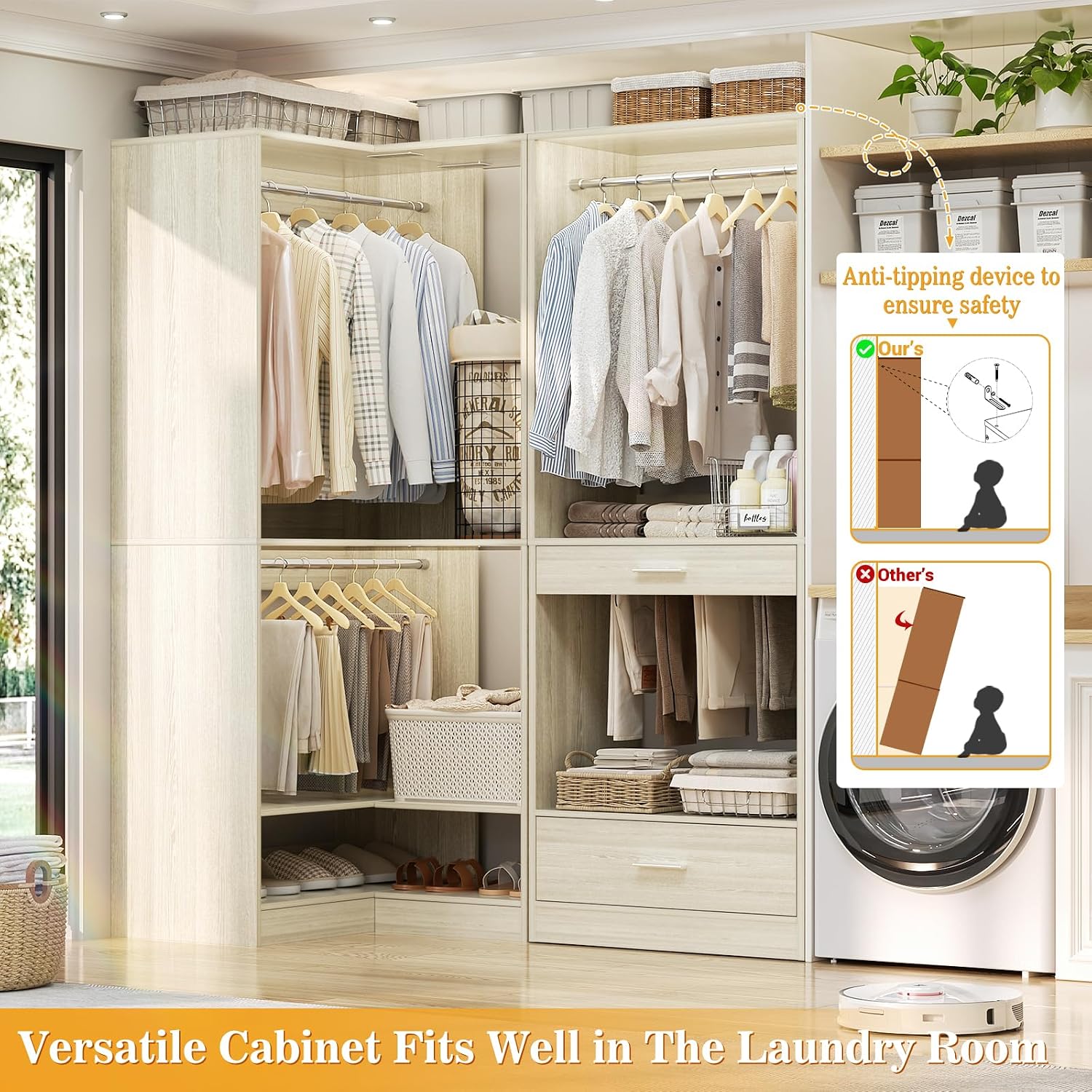 Homieasy Corner Closet System Modular with Upper & Lower Hanging Areas and Shoe Shelf, Corner Wardrobe Organizer Easy Assembly, Anti-Tip Design, Perfect for Bedroom or Walk-In Closet, White Oak