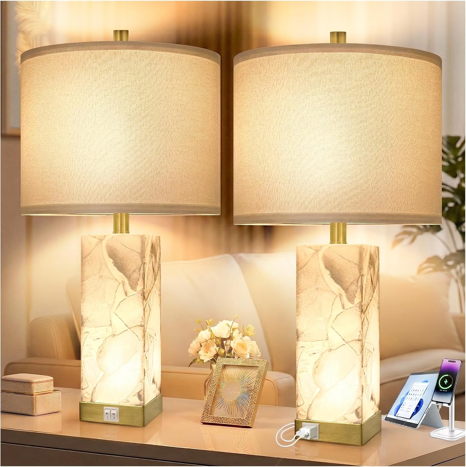 Scenekoy 23' Alabaster Table Lamps Set of 2 for Living Room Bedroom, Bedside Lamps with USB A+C Ports, Modern Table Lamp with Linen Shade for Living Room Bedroom Nightstand (Bulbs Included)