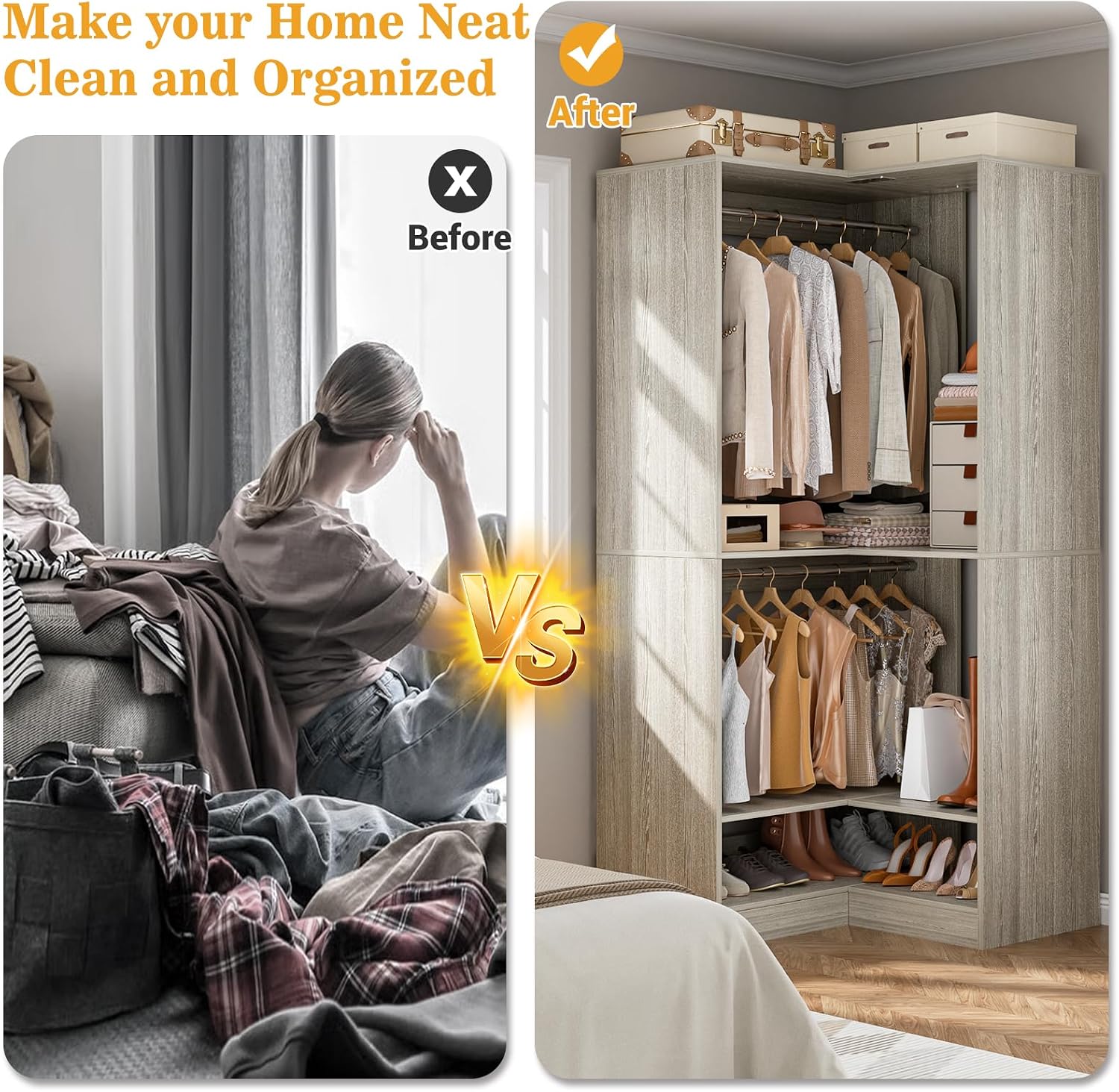 Homieasy Corner Closet System Modular with Upper & Lower Hanging Areas and Shoe Shelf, Corner Wardrobe Organizer Easy Assembly, Anti-Tip Design, Perfect for Bedroom or Walk-In Closet, White Oak