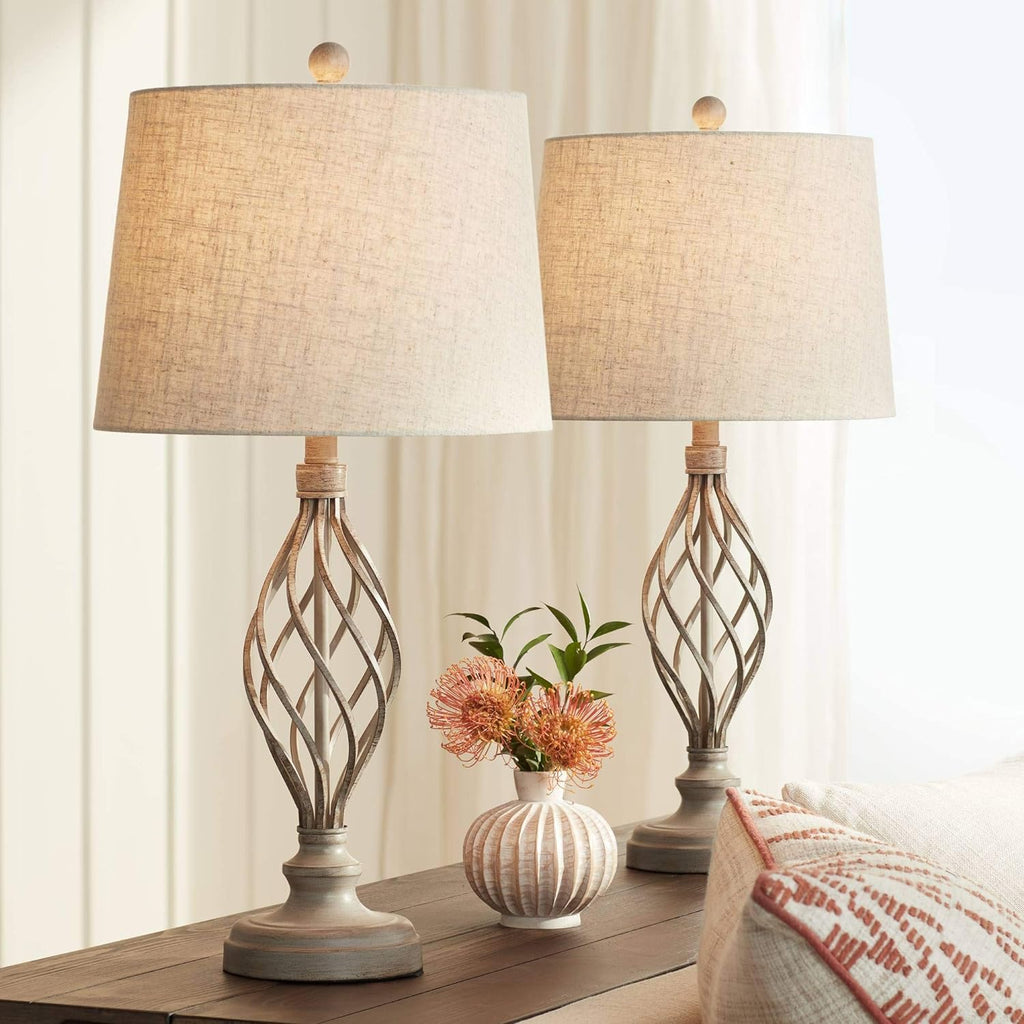 Franklin Iron Works Annie Modern Industrial Table Lamps 28' Tall Set of 2 Weathered Sand Iron Cream Tapered Drum Shade for Bedroom Living Room House Home Bedside Nightstand Office Entryway Family