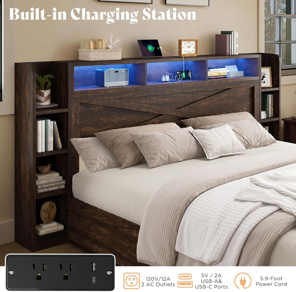 AMERLIFE 45'' Farmhouse King Bed Frame with 4 Drawers, LED Bed Frame with Bookcase Headboard & Side Shelves, Wood Platform Bed with Charging Station, Walnut