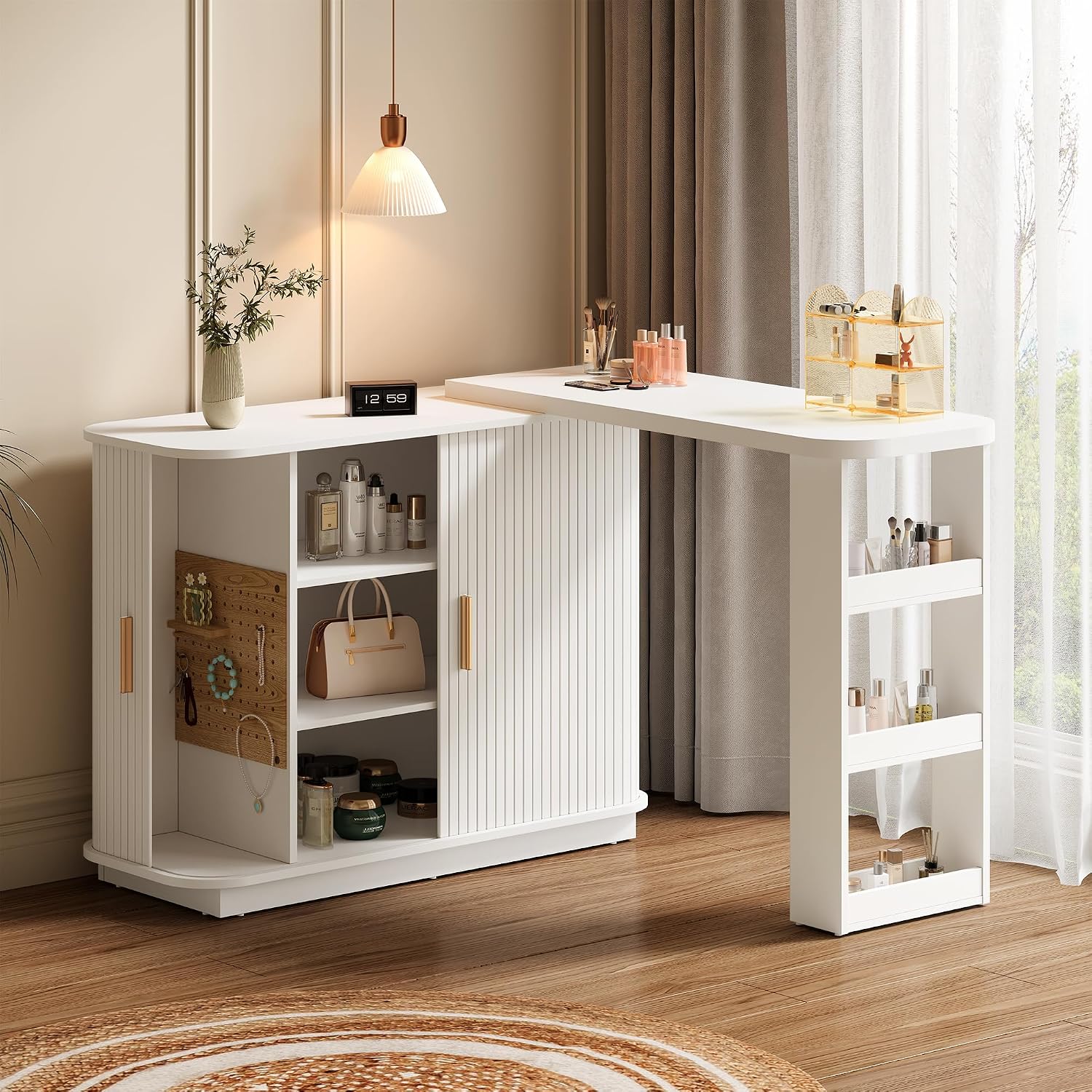 RoyalCraft 68' Extendable Makeup Vanity Desk, Modern L-Shaped Corner Vanity Desk with Silding Door, White Fluted Makeup Table with Curved Desktop and Adjustable Shelf, Wood Dressing Table for Bedroom
