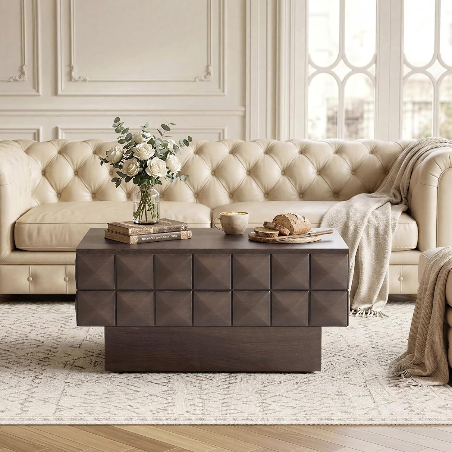 LKTART 31.89' Square Coffee Table with Hidden Storage, Mid-Century Modern Center Table with 3D Sculpted Texture, Lift-Off Flip Top Coffee Tables for Living Room Blankets & Pillows, Real Wood Veneer