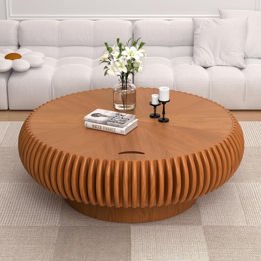 Drum Coffee Table with Hidden Storage, Modern Round Coffee Table for Living Room Circle Center Table with Solid Wood Fluted Veneered, Accent Tea Table for Small Space Apartment (Brown 39.37 inch)