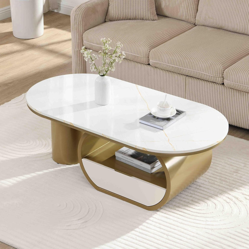 Luxury Gold Oval Coffee Table, 47'' Modern Living Room Table with Storage Drawer, Faux Marble Top MDF, Sturdy Metal Base, Large Center Tables for Home Apartment, White