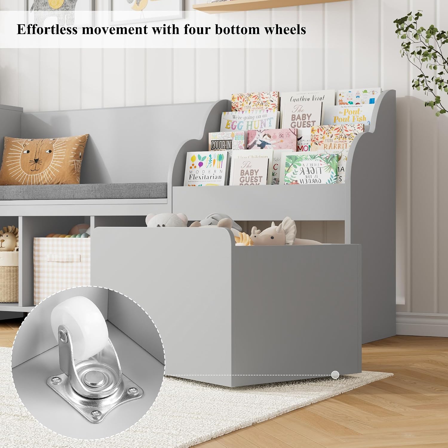 HOSTACK 67' W Kids Reading Nook with Toy Storage Organizer, Large Kids Bookshelf with Toy Storage Box on Wheels, Big Kid Bookcase with Bench and 6 Open Cubbies for Playroom, Kid Room, Grey