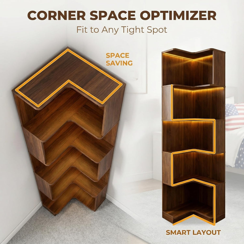 Corner Bookshelf, 5 Tier Tall Corner Bookcase with LED Lights, Freestanding L Shaped Open Display Shelf for Living Room, Bedroom, Home Office (Walnut)