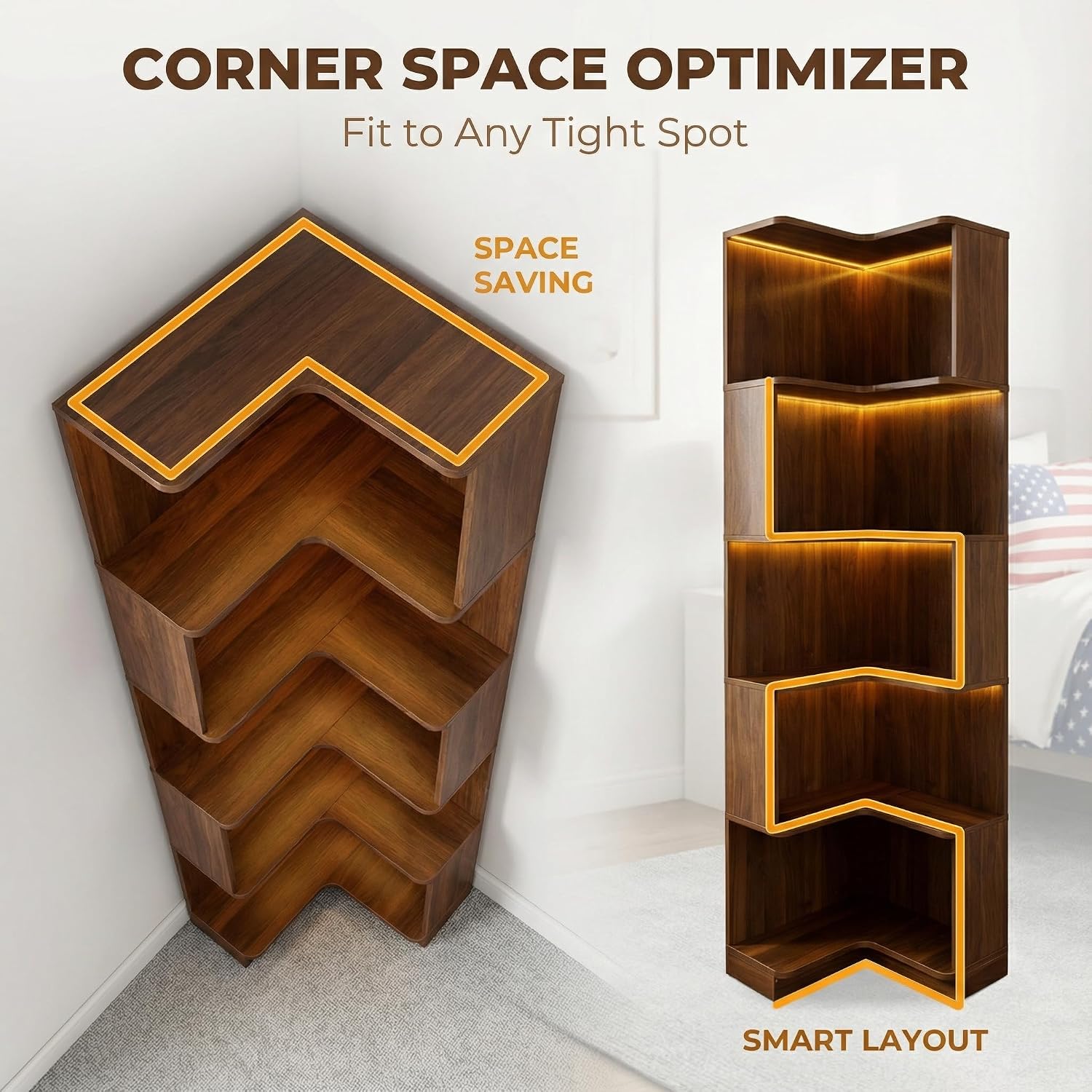 Corner Bookshelf, 5 Tier Tall Corner Bookcase with LED Lights, Freestanding L Shaped Open Display Shelf for Living Room, Bedroom, Home Office (Walnut)