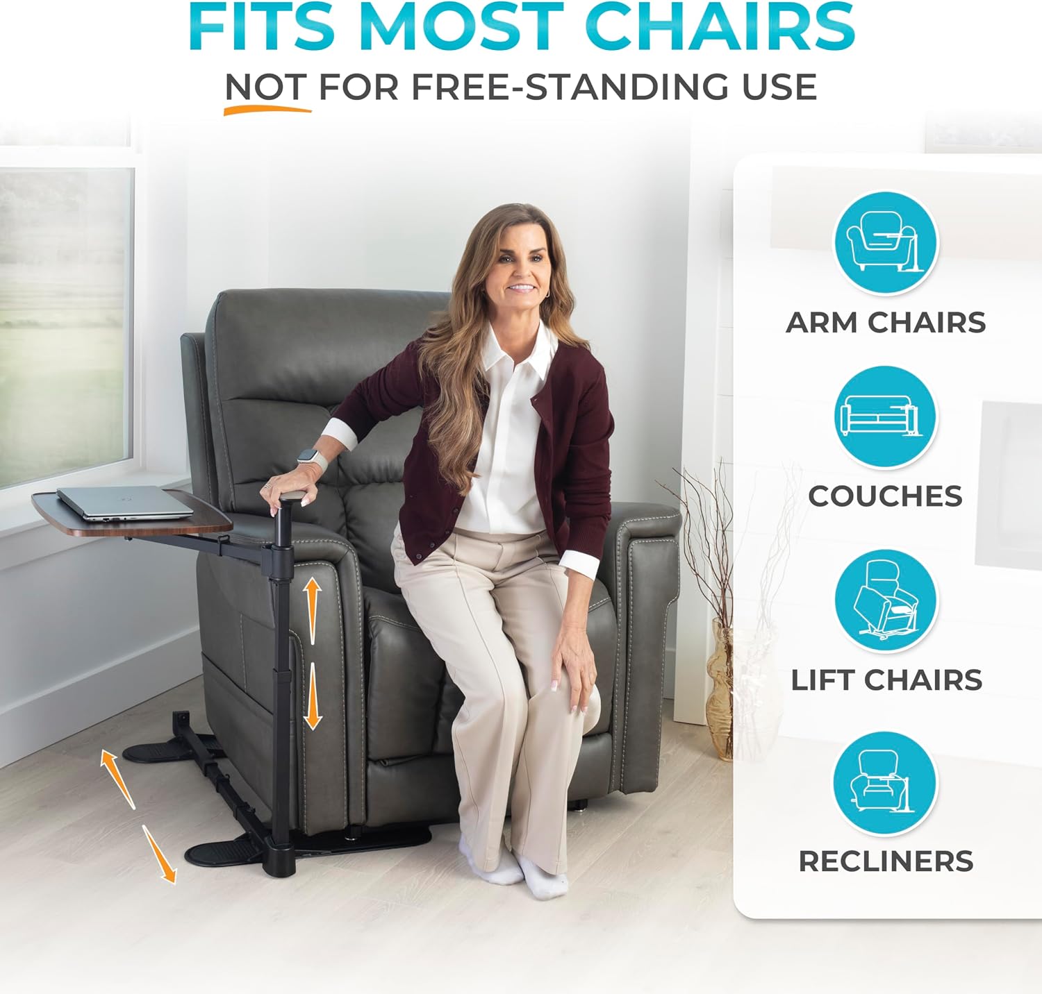 Stander Wonder Tray Plus, Adjustable Recliner Swivel TV Tray with Standing Handle for Seniors & Elderly Adults, Walnut Laptop Desk for Couches & Chairs, Mobility Aid Sit and Stand Assist