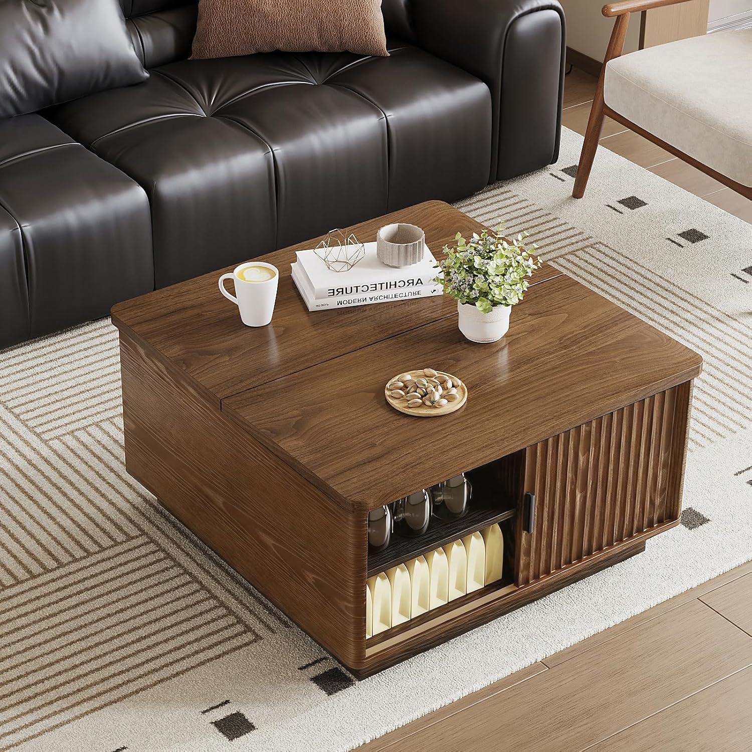 Lift Top Coffee Table with Storage, 31.5' Fluted Square Coffee Tables for Living Room, Home Office, Large Hidden Storage Compartment, Adjustable Shelves & Sliding Door (Walnut, Square)