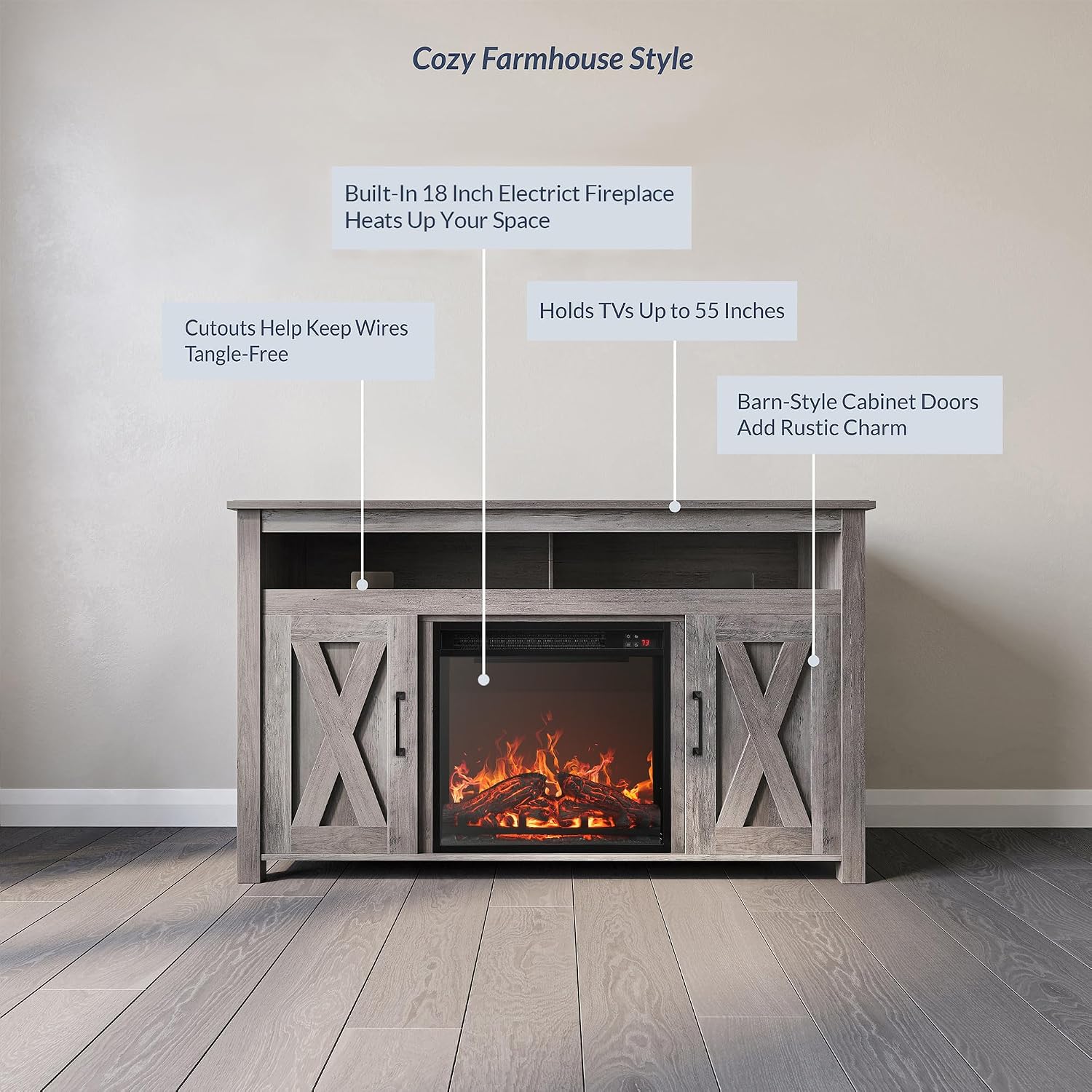 BELLEZE Modern 48' Barn Door Wood TV Stand with 18' Electric Fireplace Heater & Media Entertainment Center Console Table for TV up to 50' with Two Open Shelves and Cabinets - Corin (Grey Wash)